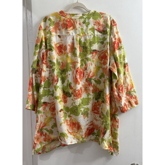 Jones NY Women 2X XXL 100% Linen Floral Top Shark Bite Hem Colorful Button Up - Picture 2 of 9